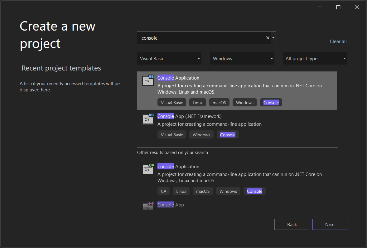 Skärmbild som visar fönstret Skapa ett nytt projekt i Visual Studio 2022 med 