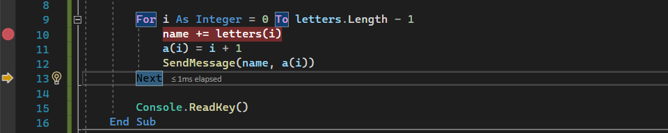 Skärmbild som visar en Debugging-session i Visual Studio Code med körningen pausad efter att ha gått över metodanropet 'SendMessage'.