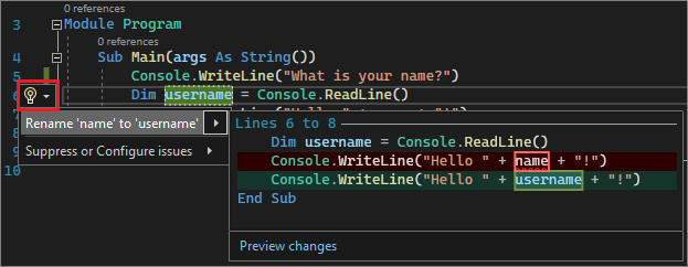 Screenshot som visar åtgärden Byt namn i Visual Studio 2022.