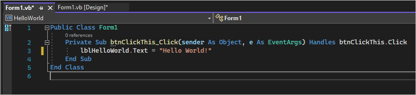 Skärmbild visar en klass på fliken Form1.vs där du kan lägga till Visual Basic-kod.