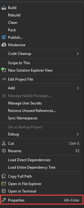 Skärmbild av snabbmenyn i Solution Explorer med alternativet Egenskaper markerat.