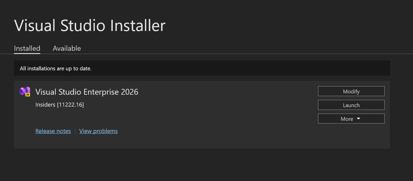 Skärmbild av en lista över Visual Studio-installationer i Visual Studio Installer.