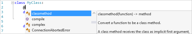 Skärmbild som visar dekoratörskomplettering i Visual Studio-editoren.