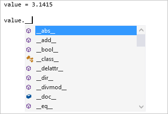 Skärmbild som visar slutförandestil för privata dunder-medlemmar i Visual Studio-redigeraren.