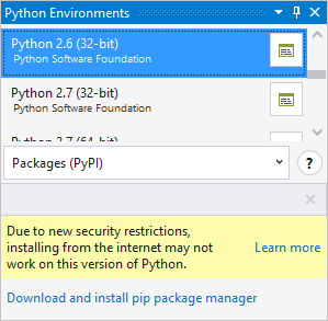 Meddelande om pipinstallationsbegränsningar med äldre version av Python