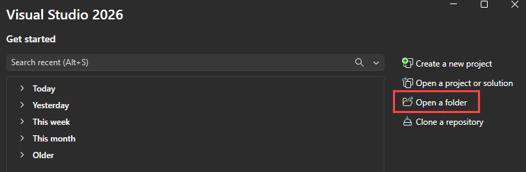 Screenshot som visar hur du väljer alternativet Öppna en lokal mapp när Visual Studio startar.