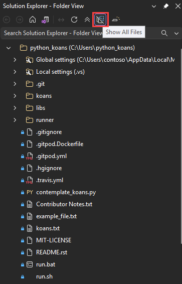 Skärmbild som visar hur du visar dolda mappar och filer i Visual Studio.
