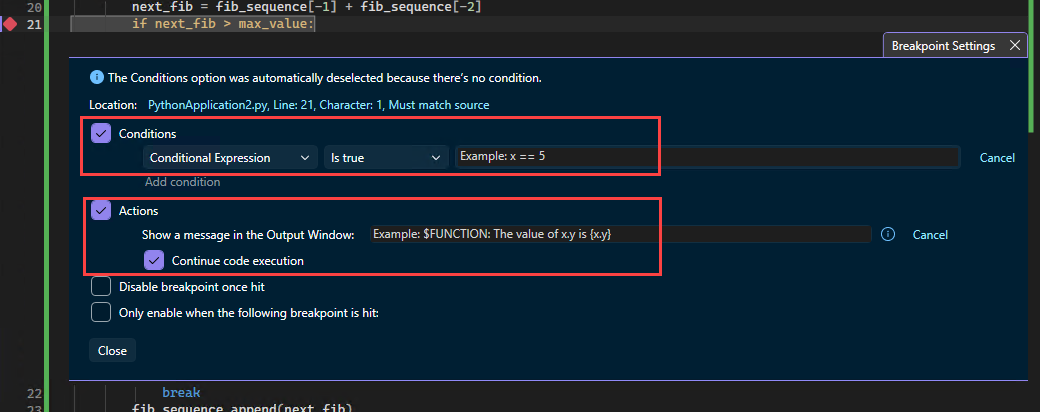 Skärmbild som visar hur du skapar spårningspunktsåtgärder för en brytpunkt i Visual Studio.