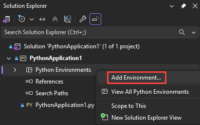 Screenshot som visar kommandot Lägg till miljö i Visual Studio.