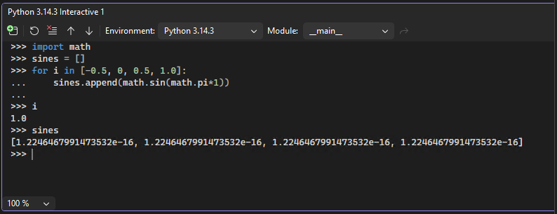 Skärmbild som visar den utökade vyn för det interaktiva Python-fönstret i Visual Studio.