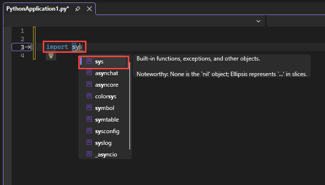 Skärmbild som visar hur IntelliSense visar tillgängliga moduler för en importinstruktion i redigeraren i Visual Studio.
