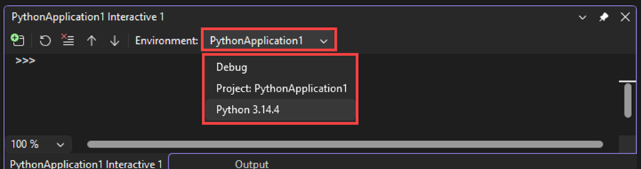 Skärmbild som visar hur du väljer Python-tolken i listrutan Miljö i det interaktiva fönstret i Visual Studio.