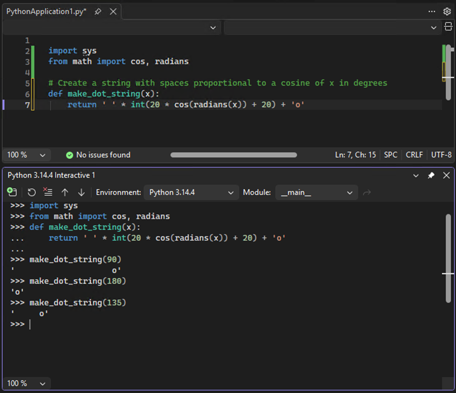 Skärmbild som visar hur du kör ett test av funktionskoden som skickas till det interaktiva fönstret i Visual Studio.