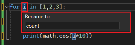 Skärmbild som visar hur du anger ett annat namn för en identifierare i Visual Studio 2022.
