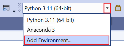 Screenshot som visar kommandot Lägg till miljö i Python toolbar.