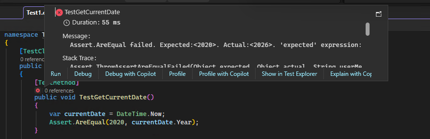 Skärmbild som visar ikonen C++ CodeLens när du har valt den för mer information i Visual Studio.