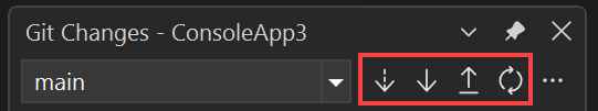 Skärmbild som visar fönstret Git-ändringar med knappkontrollerna Hämta, Pull, Push och Sync markerade i Visual Studio.