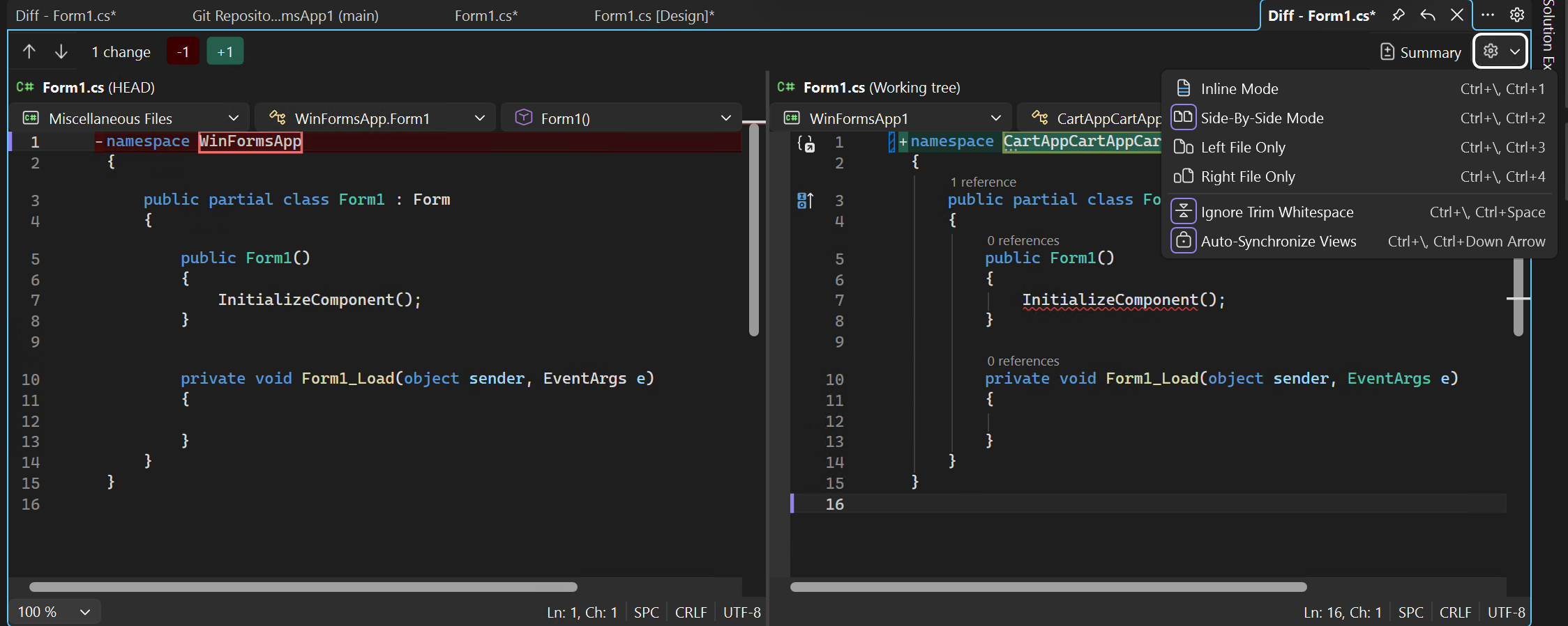Skärmbild som visar en jämförelse rad för rad av filversioner i Visual Studio.