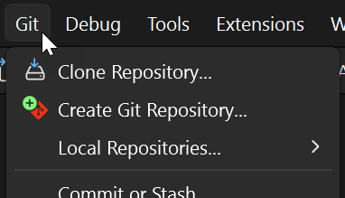 Skärmbild som visar alternativet Klona lagringsplats från Git-menyn i Visual Studio.