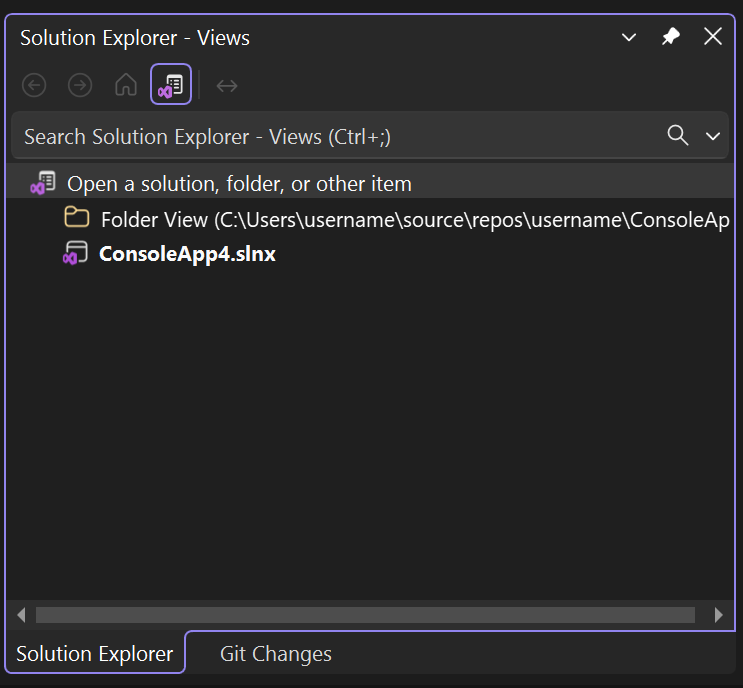 Skärmbild av mappvyn i Solution Explorer i Visual Studio.