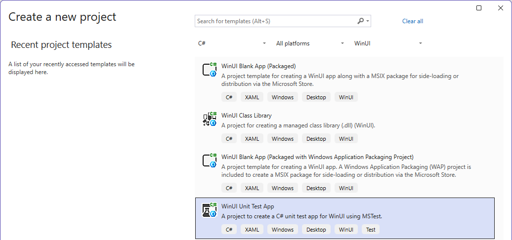 Skärmbild av fönstret Visual Studio Skapa ett nytt projekt.