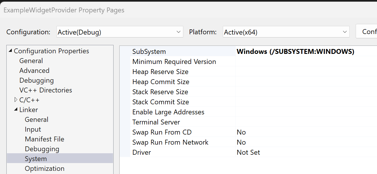 En skärmbild som visar projektegenskaperna för C++-widgetprovidern med utdatatypen inställd på Windows Application