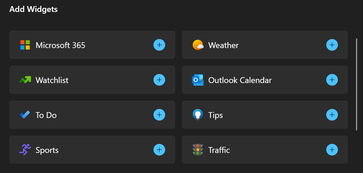 En skärmbild av dialogrutan Lägg till widget på widgettavlan. Den visar två kolumner med poster, var och en med en ikon och ett appnamn, med ett plustecken som anger att en widget kan läggas till