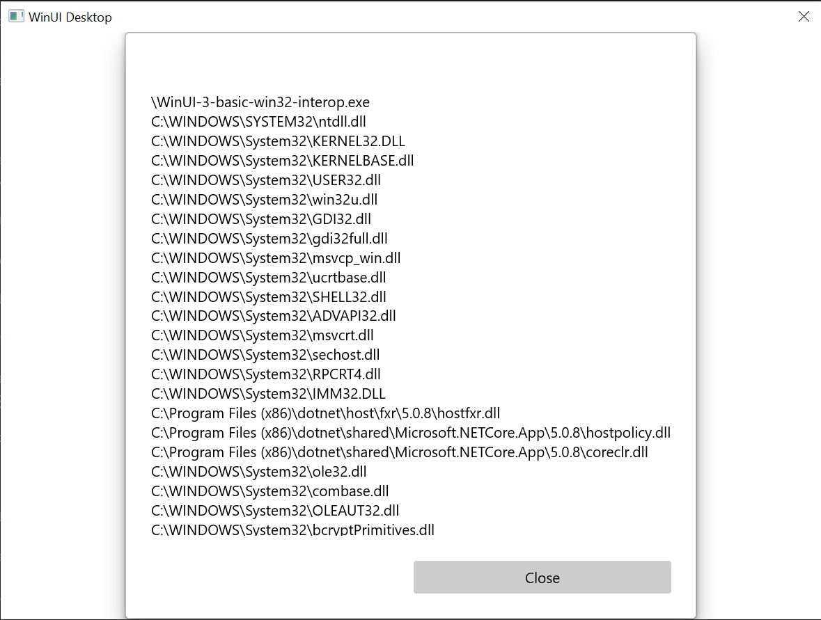 Skärmbild av det grundläggande Win32-interop-programmet som beskrivs i det här avsnittet.