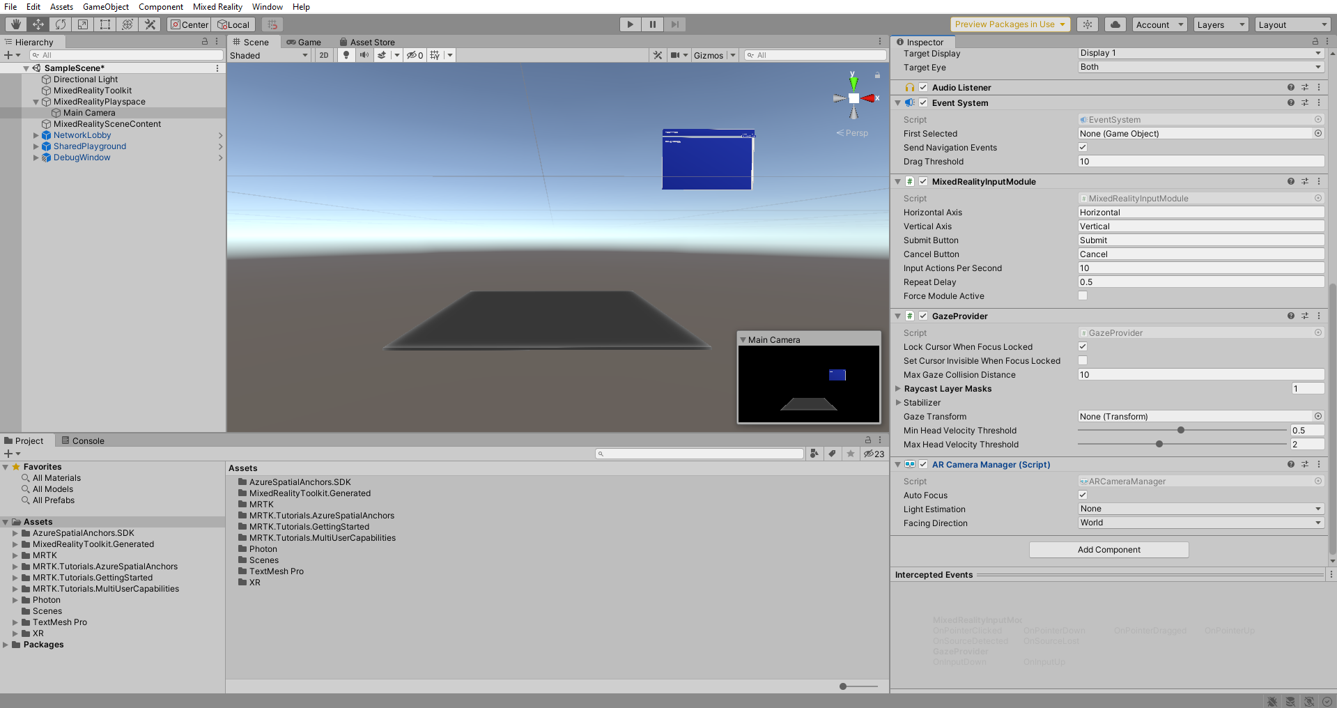 Unity med komponenten AR Camera Manager delvis konfigurerad