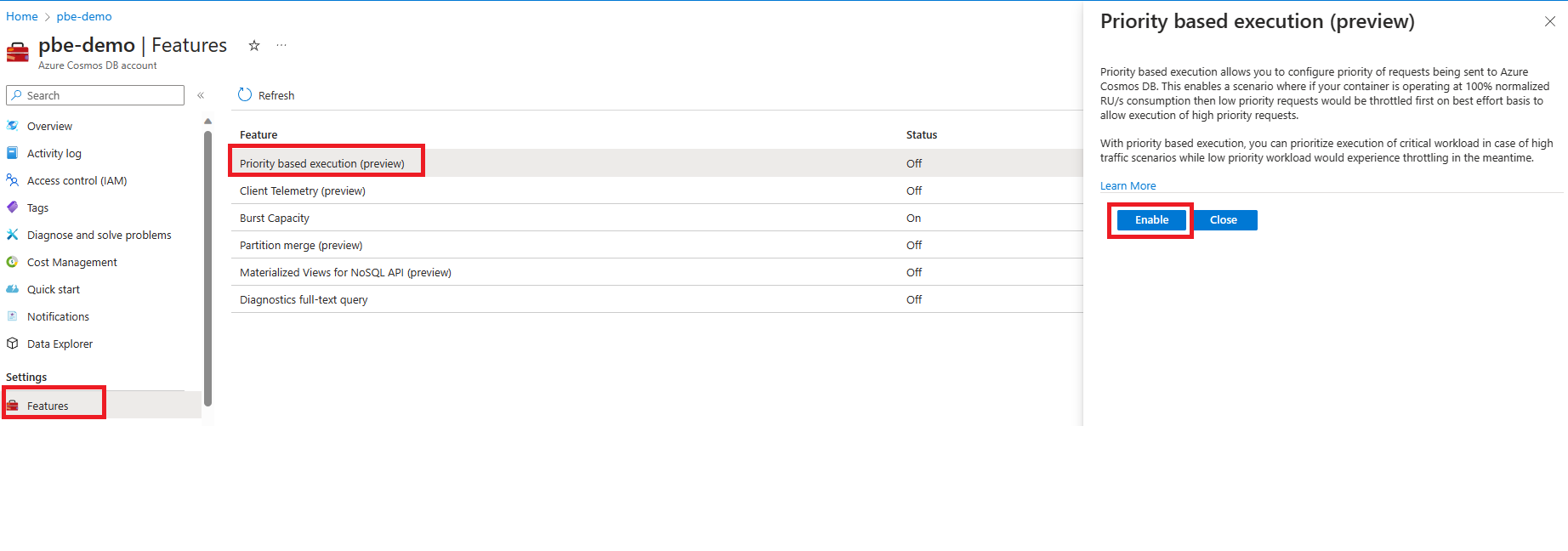 Screenshot of Priority-based execution feature in the Features page in an Azure Cosmos DB account.