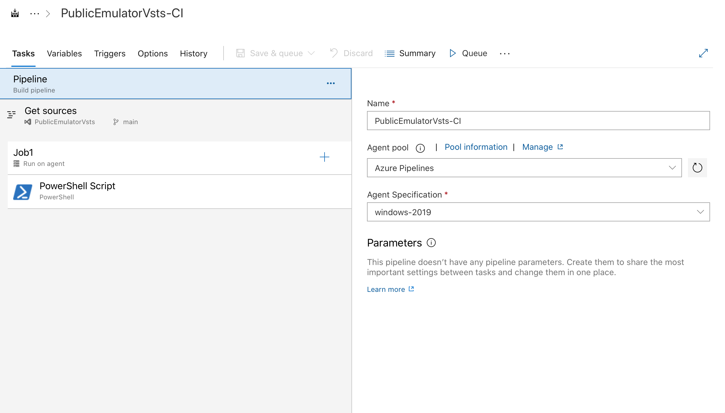 Screenshot of the job configuration. windows-2019 is selected.