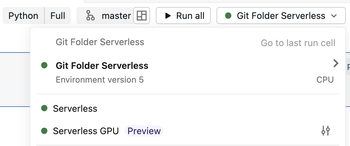 Compute drop-down menu showing Git Folder Serverless selected with environment version 5