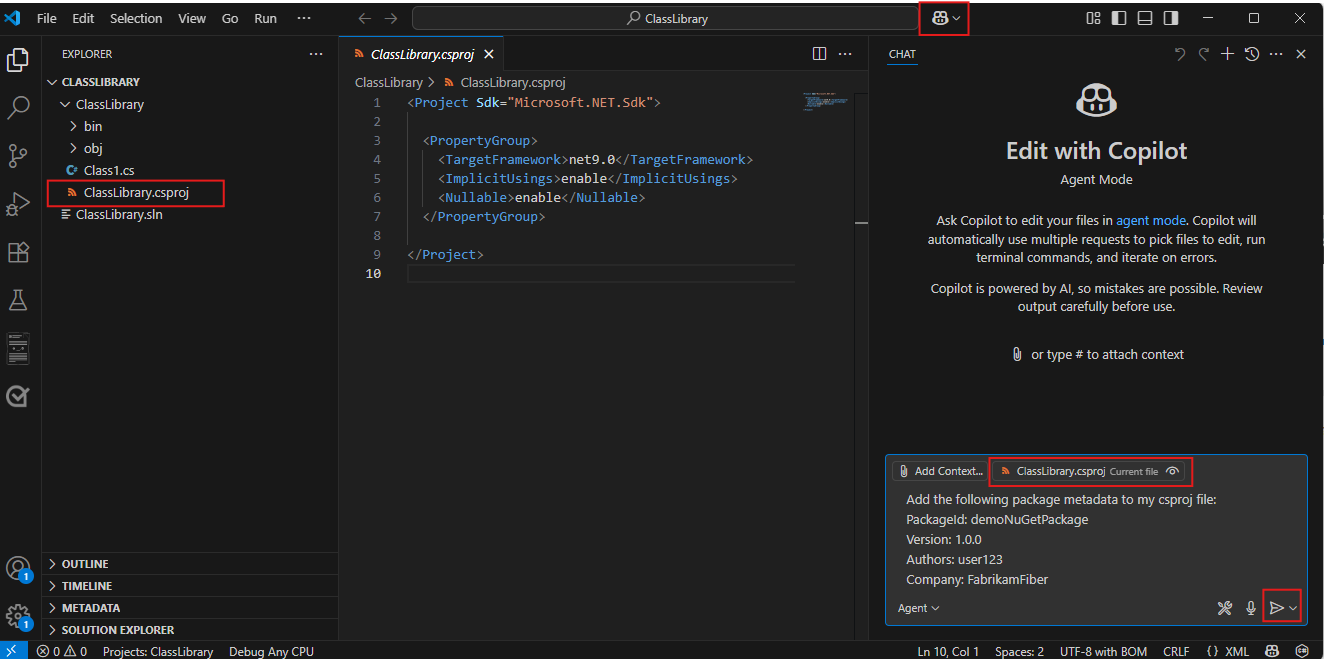 Screenshot showing how to add package metadata using GitHub Copilot in Visual Studio Code.