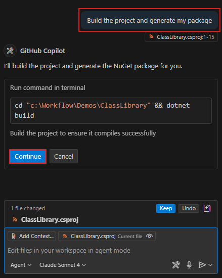 Screenshot showing the GitHub Copilot prompt asking for confirmation to build the project.