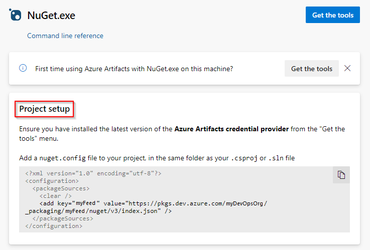 Screenshot showing how to set up your project and connect to your feed in Azure DevOps Services.