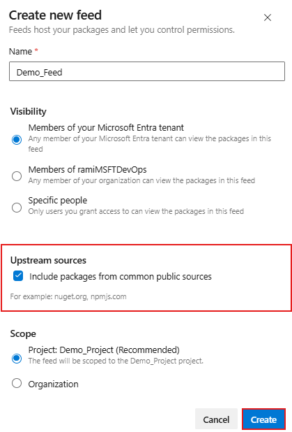 Screenshot showing how to create a new feed and enable upstream sources in Azure Artifacts.