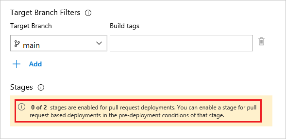 A screenshot displaying the list of stages that are enabled for pull request deployments.