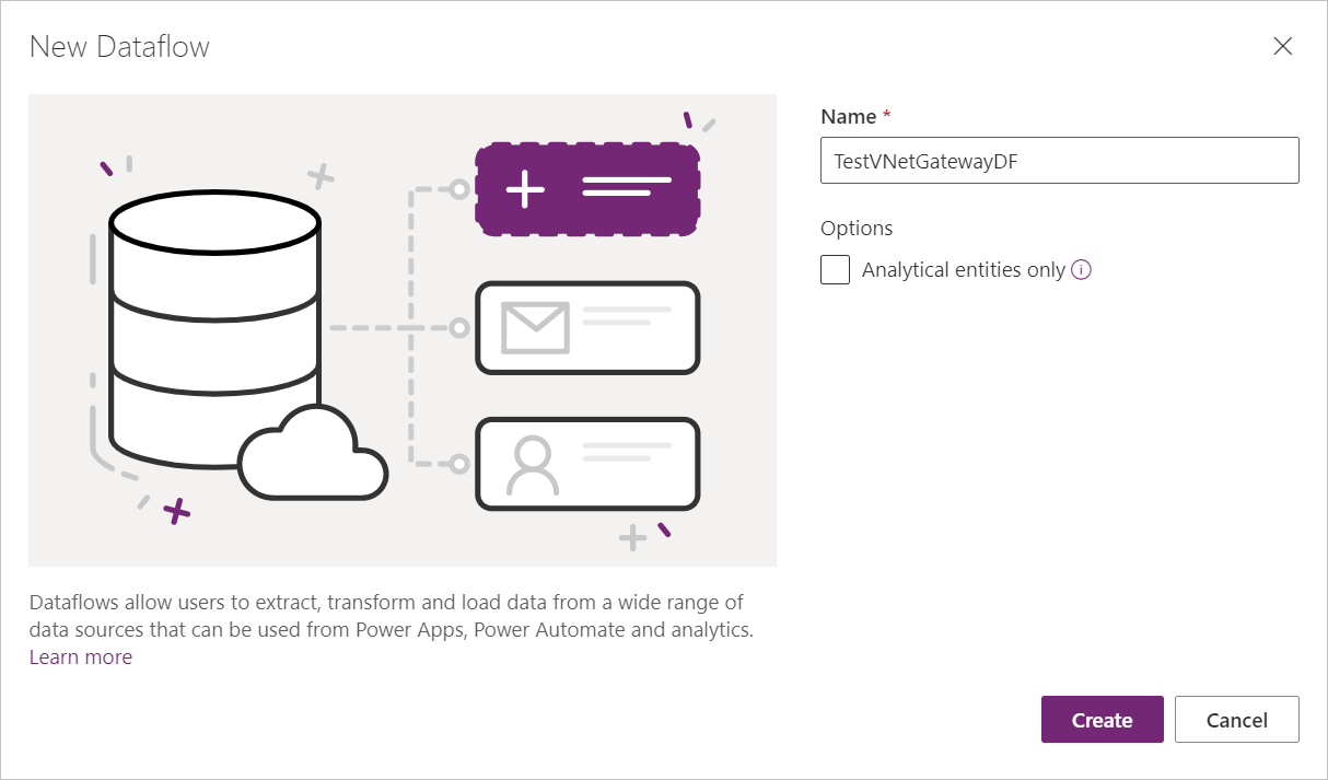 สกรีนช็อตที่แสดงกล่องโต้ตอบกระแสข้อมูลใหม่ใน Power Apps พร้อมชื่อของกระแสข้อมูลใหม่ที่ป้อนในกล่องข้อความชื่อ