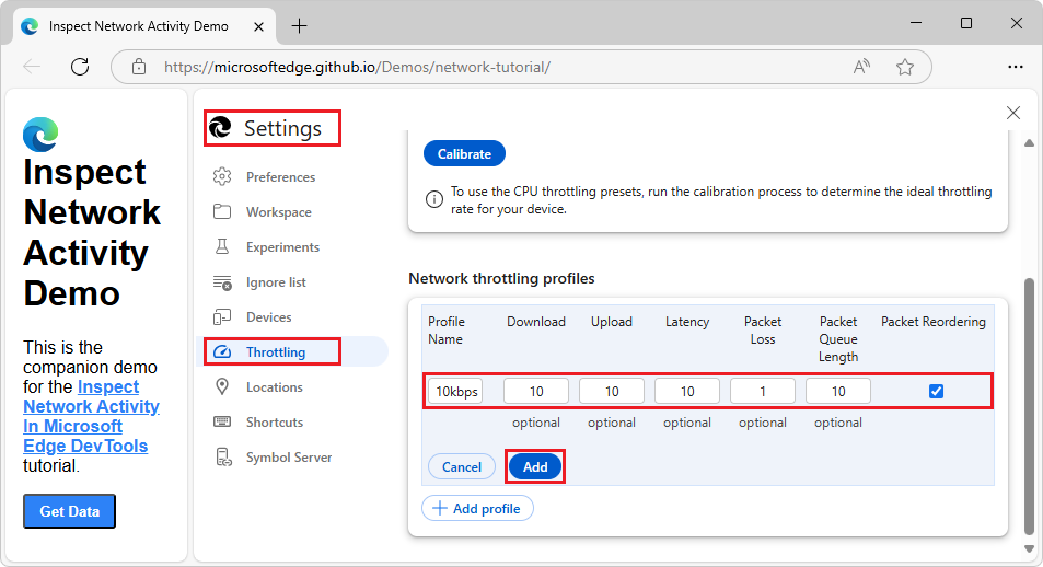 Creating a custom throttling profile in DevTools > Settings > Throttling