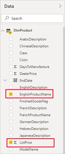 สกรีนช็อตของแผงข้อมูลที่มีฟิลด์ EnglishProductName และ ListPrice ถูกเน้น
