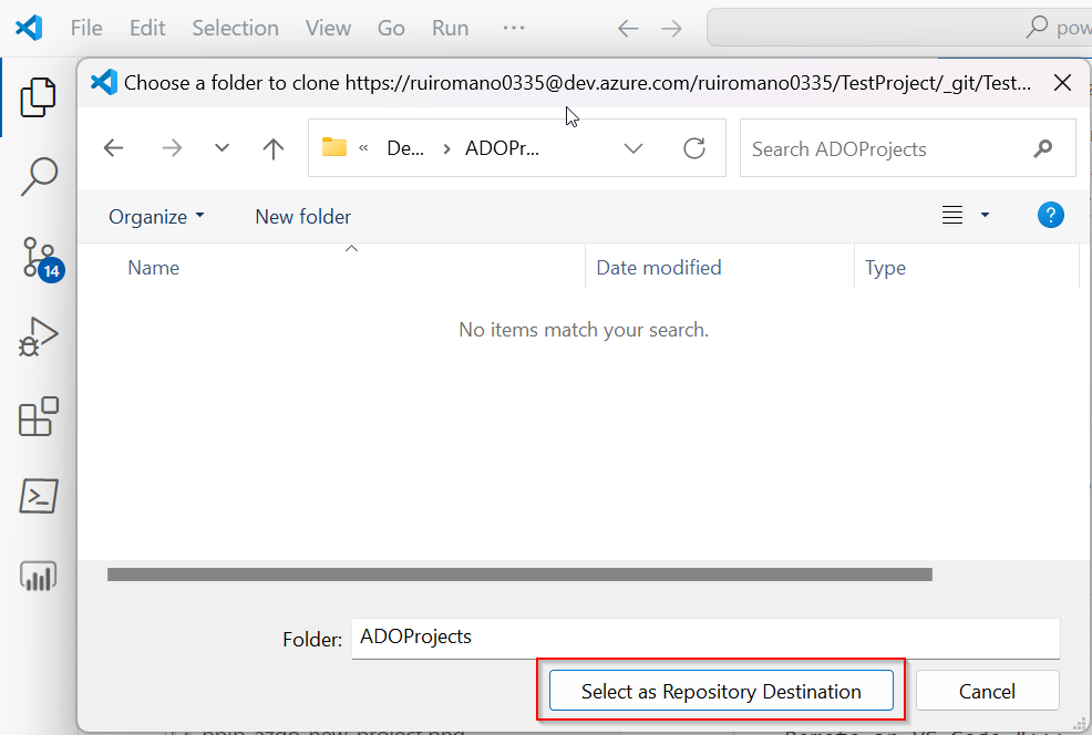 สกรีนช็อตของการเลือกที่เก็บการรวม PBIP และ Azure DevOps