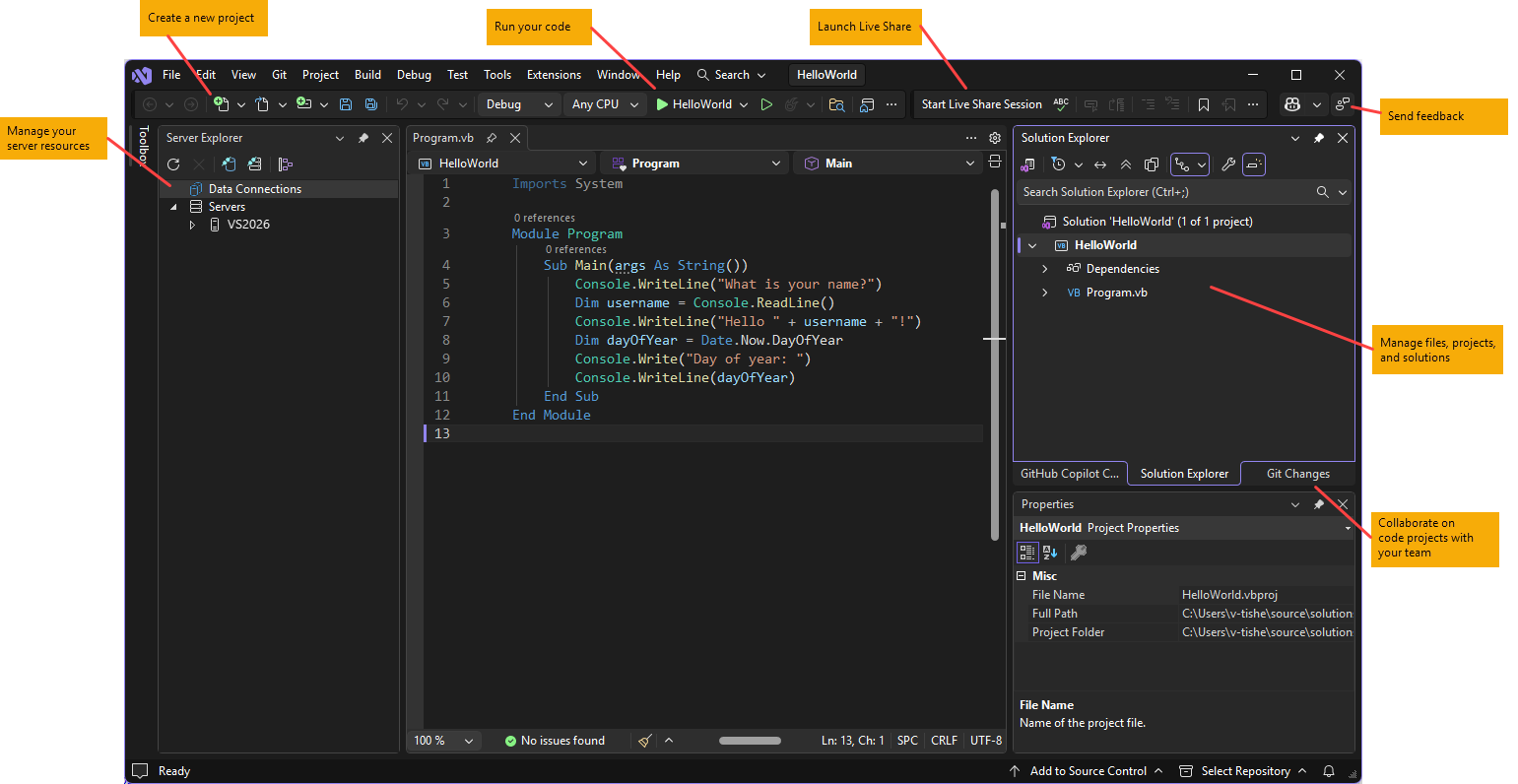 Screenshot of the Visual Studio IDE with Visual Basic code and key functionality.