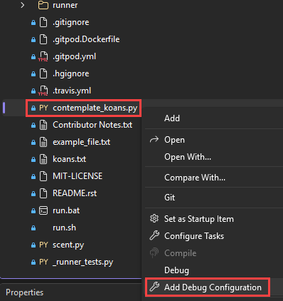 Screenshot that shows how to select the Add Debug Configuration option for a selected file in Visual Studio.