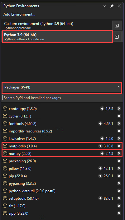 Screenshot that shows the newly installed matplotlib and numpy packages for the selected environment in the Python Environments window in Visual Studio.