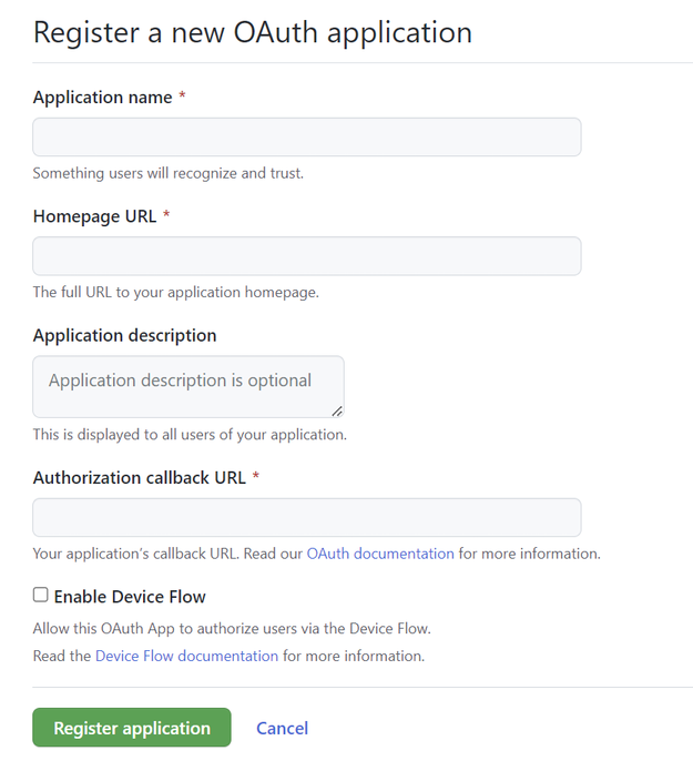 在 GitHub 中註冊新 OAuth 應用程式的螢幕擷取畫面。