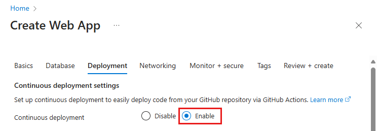 螢幕擷取畫面，示範如何在 [App Service 部署] 索引標籤中啟用 GitHub Actions 部署。