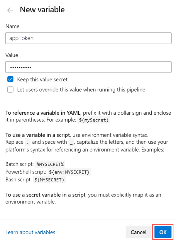 此螢幕擷取畫面顯示如何將變數新增至 Azure Pipelines。