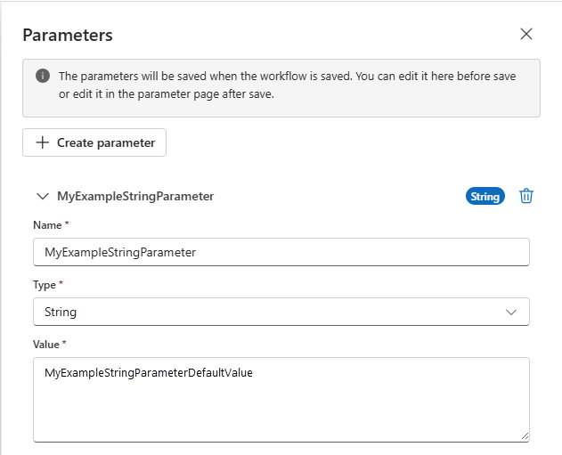 螢幕擷取畫面顯示具有工作流程設計工具的 Azure 入口網站，以及具有範例參數定義的 [參數] 窗格。