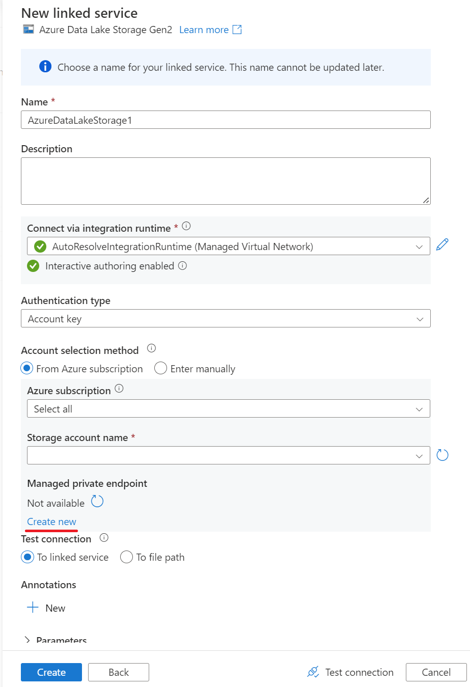 新的 Azure SQL Server 2022 資料庫連結服務私人端點 1 的螢幕擷取畫面。