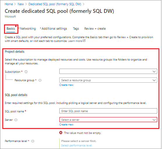 Azure 入口網站的螢幕擷取畫面。建立資料倉儲的基本詳細資料。